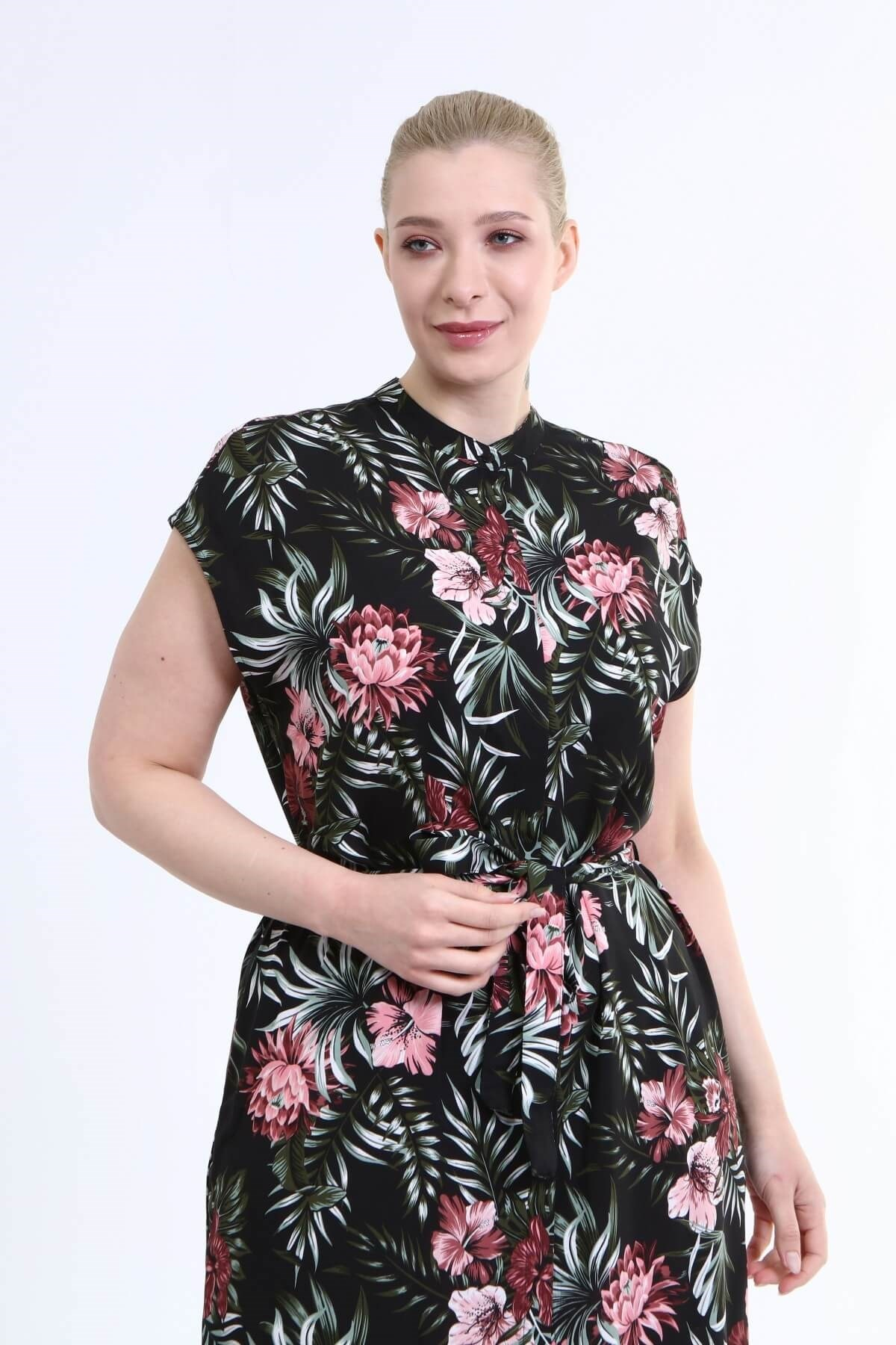 Myline-Düşük Kol Gömlek Elbise-Büyük Beden Günlük Elbiseler-45991