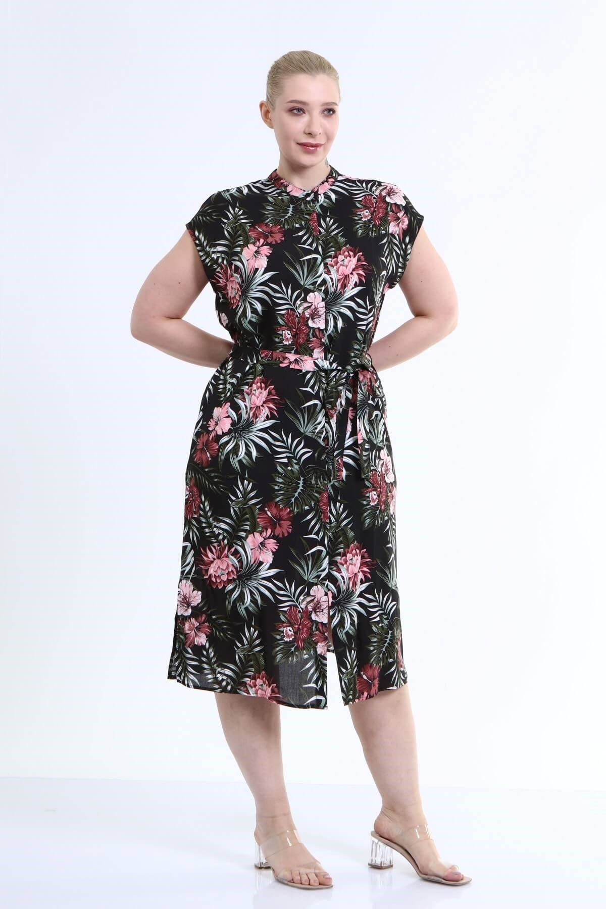 Myline-Düşük Kol Gömlek Elbise-Büyük Beden Günlük Elbiseler-45991