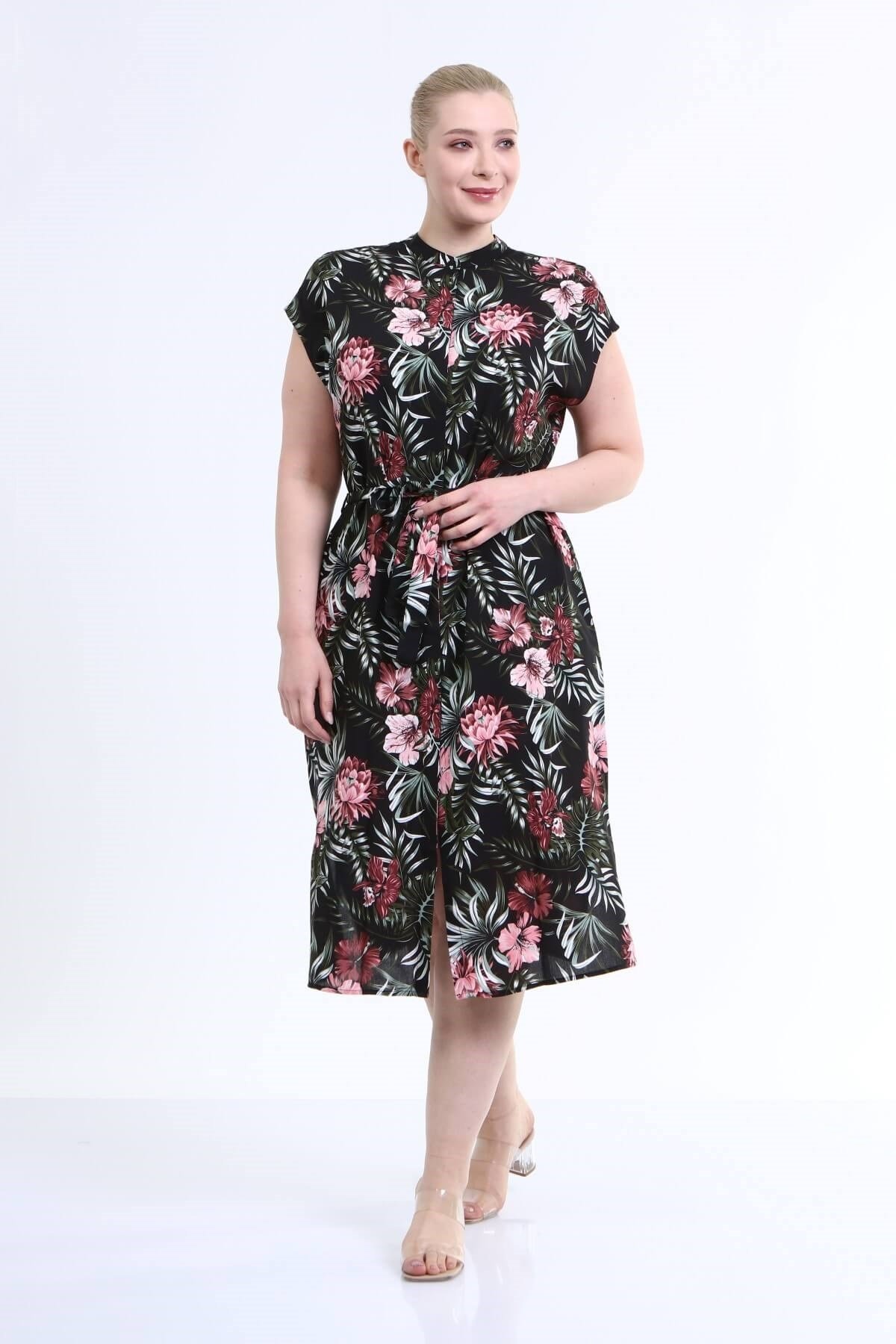 Myline-Düşük Kol Gömlek Elbise-Büyük Beden Günlük Elbiseler-45991