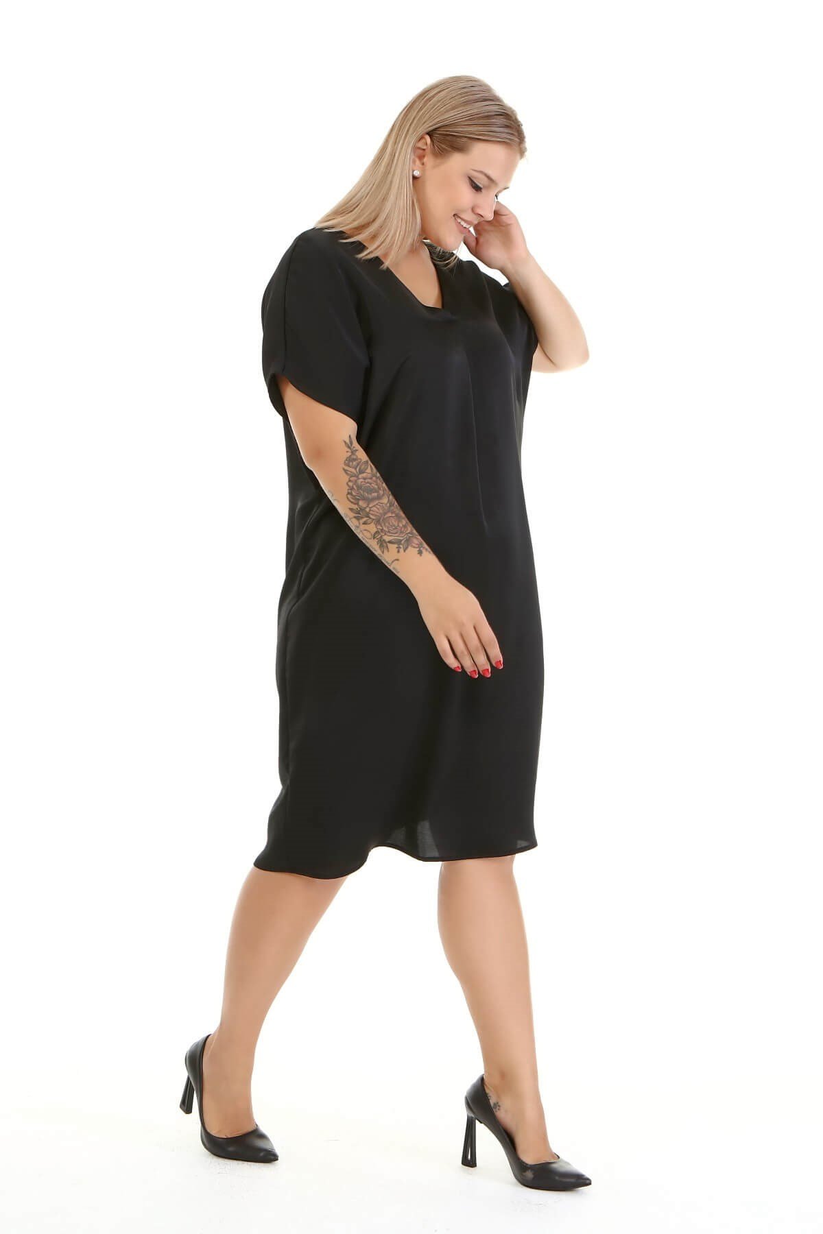 Myline-Düşük Kol Saten Elbise-Büyük Beden Günlük Elbiseler-77072