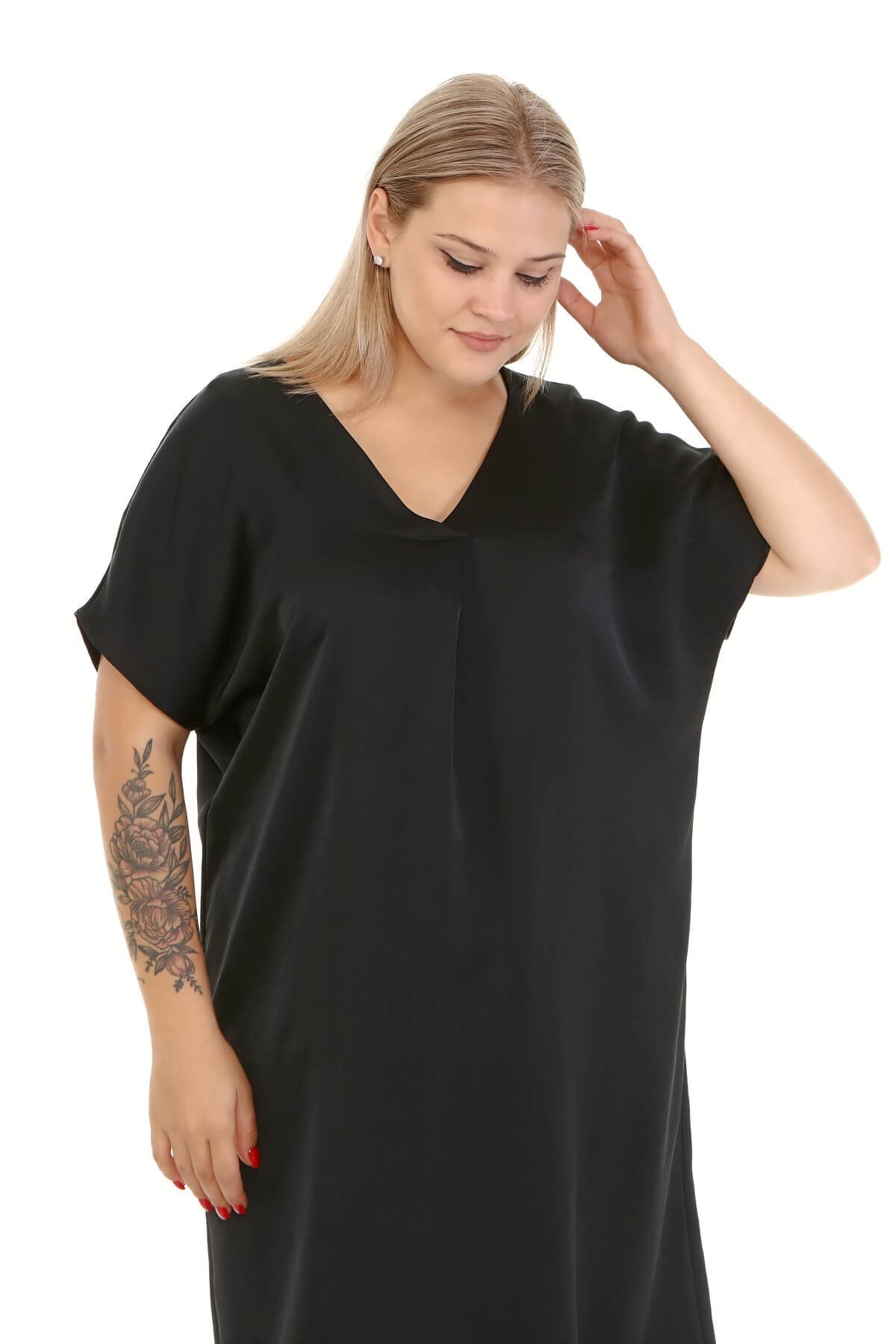 Myline-Düşük Kol Saten Elbise-Büyük Beden Günlük Elbiseler-77072