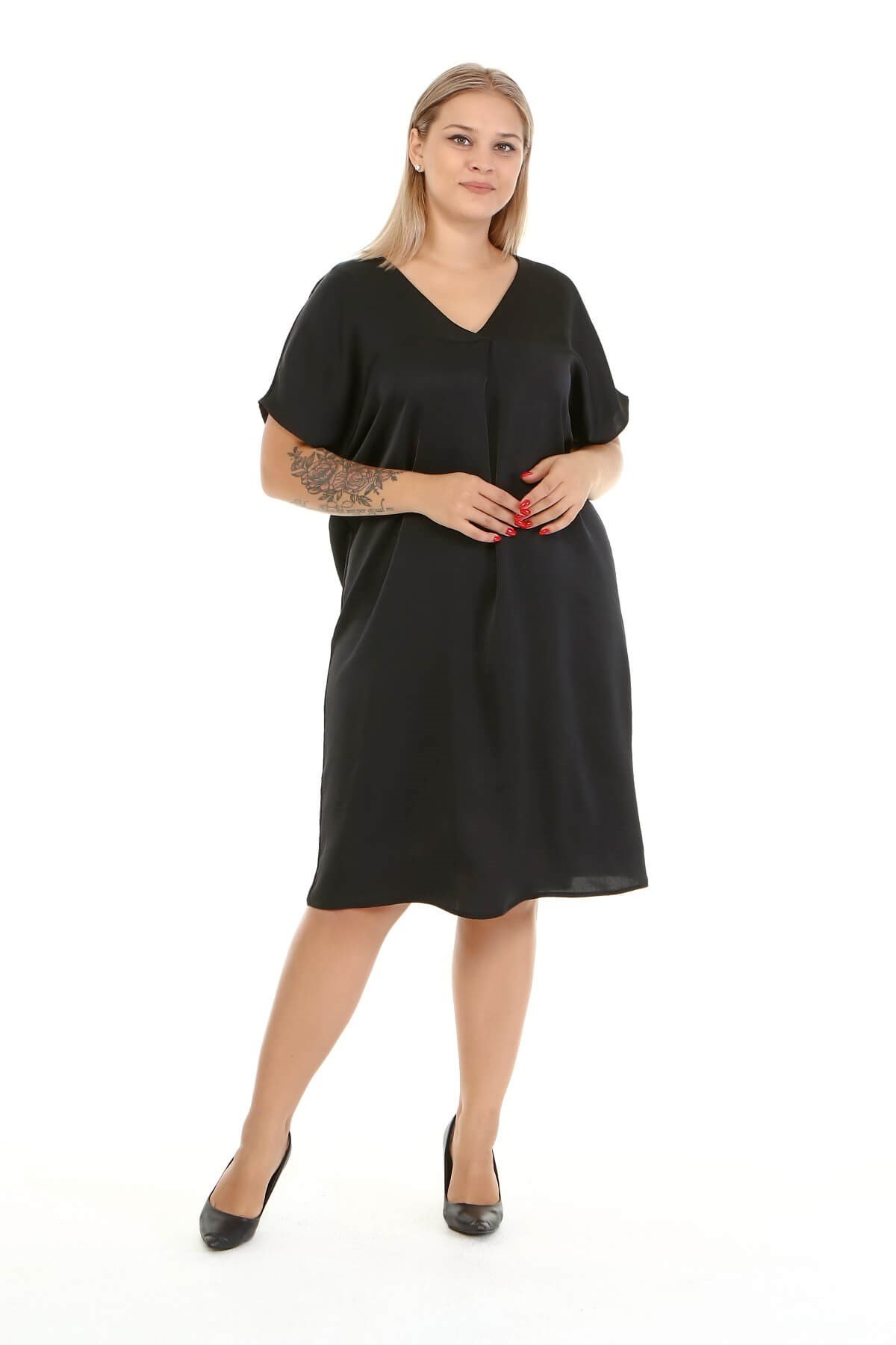 Myline-Düşük Kol Saten Elbise-Büyük Beden Günlük Elbiseler-77072