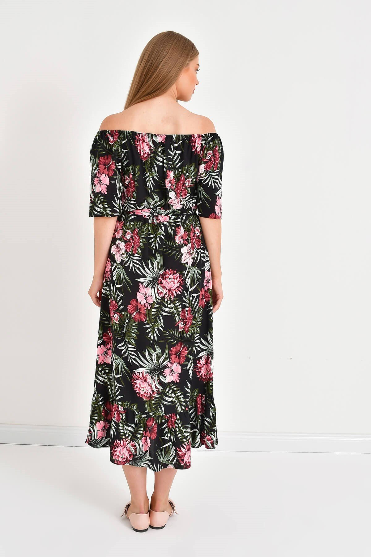 Myline-Düşük Omuz Detaylı Yırtmaçlı Elbise-Büyük Beden Günlük Elbiseler-45933