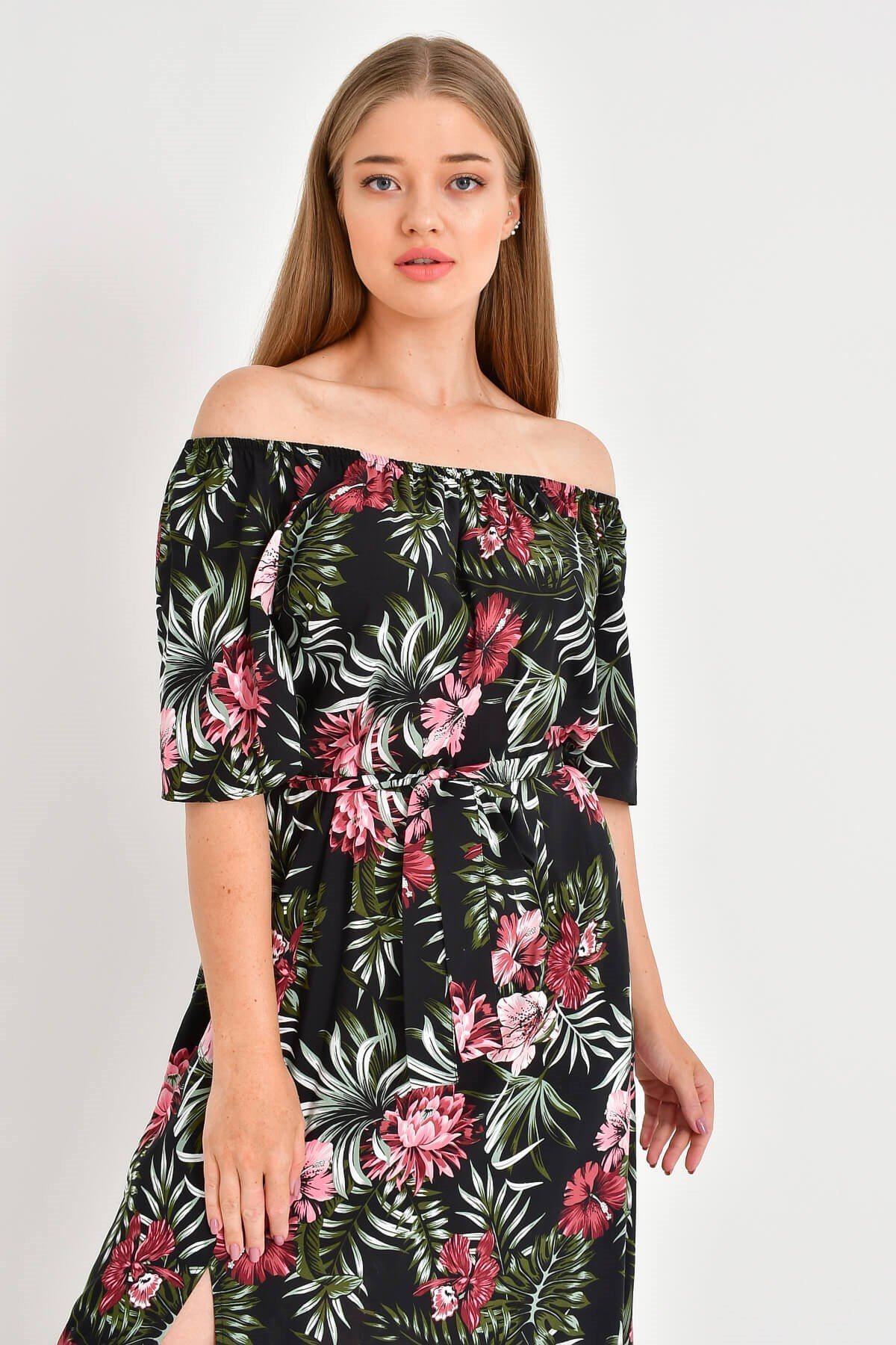 Myline-Düşük Omuz Detaylı Yırtmaçlı Elbise-Büyük Beden Günlük Elbiseler-45933