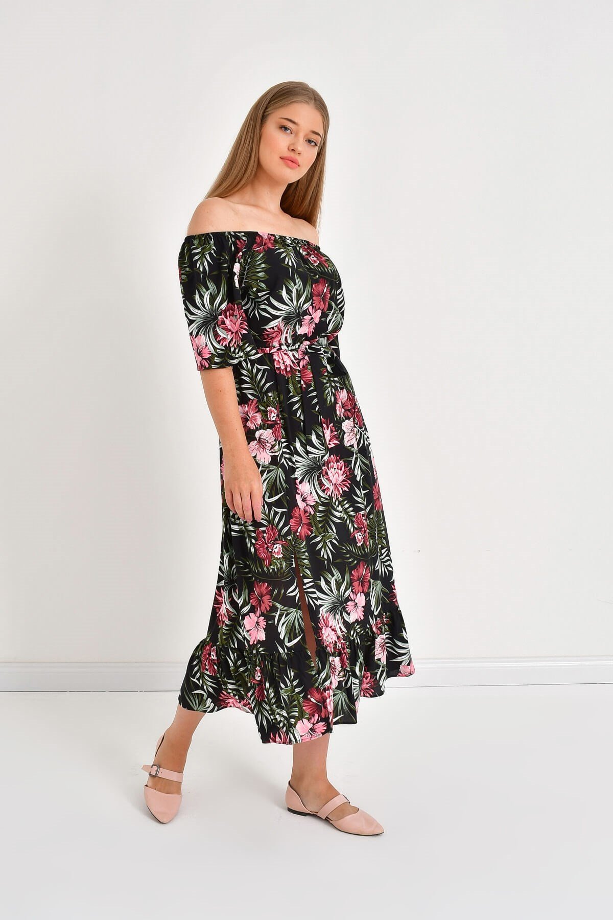 Myline-Düşük Omuz Detaylı Yırtmaçlı Elbise-Büyük Beden Günlük Elbiseler-45933