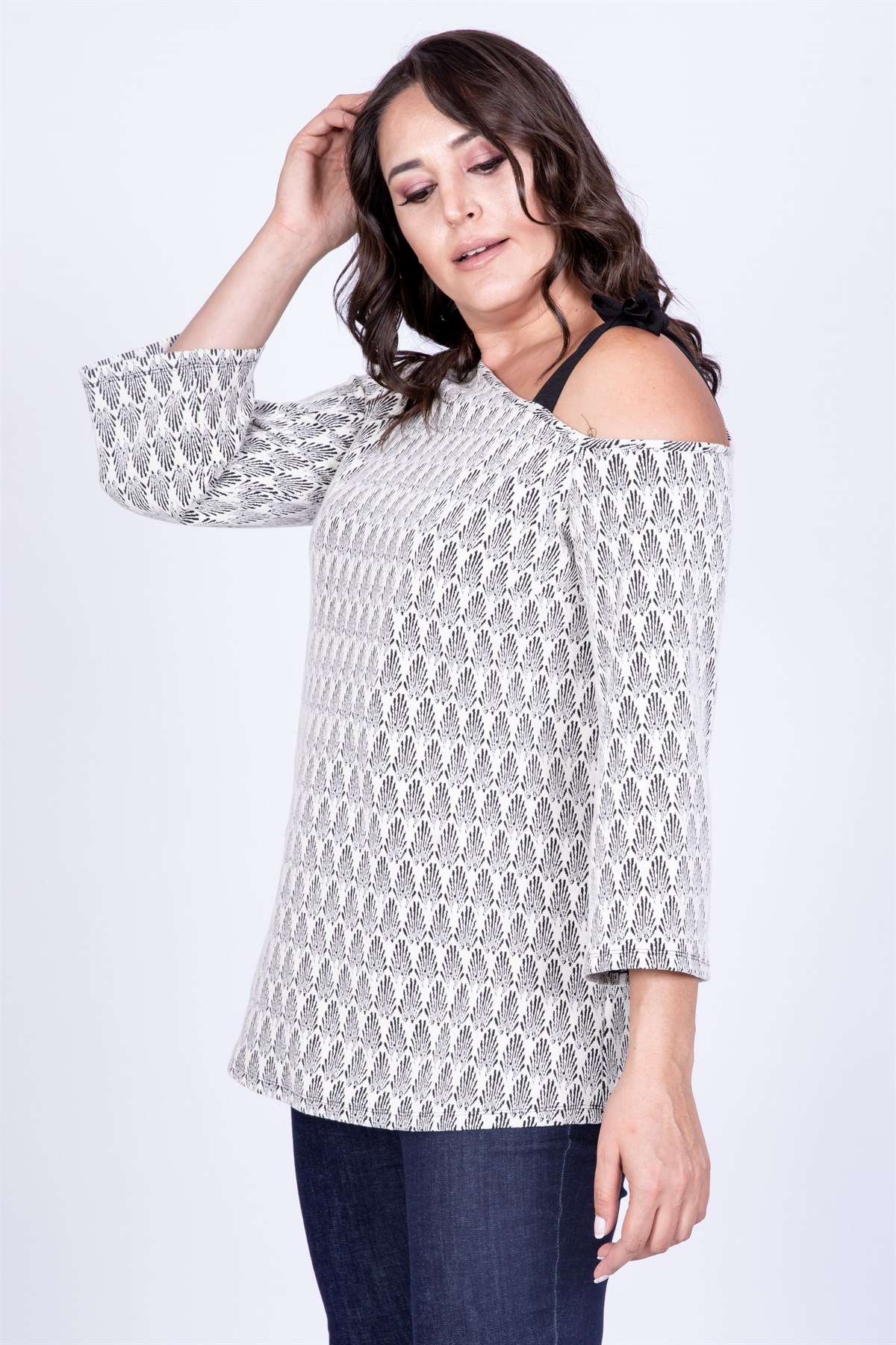 Myline-Düşük Omuzlu Bağlama Detaylı Bluz-Büyük Beden Bluz-35080