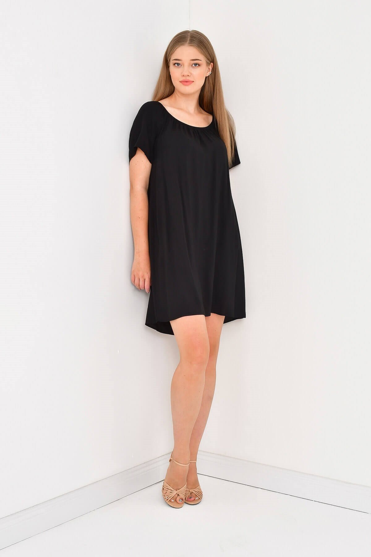 Myline-Düşük Omuzlu Büzgü Detaylı Elbise-Büyük Beden Günlük Elbiseler-23742