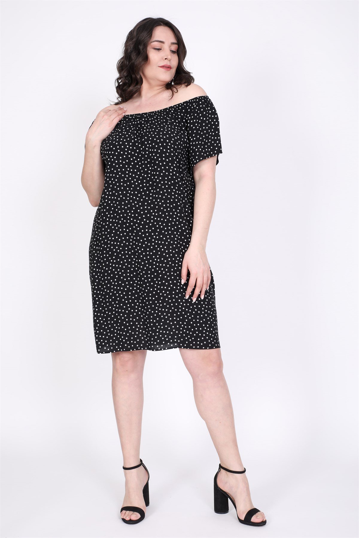 Myline-Düşük Omuzlu Büzgü Detaylı Elbise-Büyük Beden Günlük Elbiseler-45541