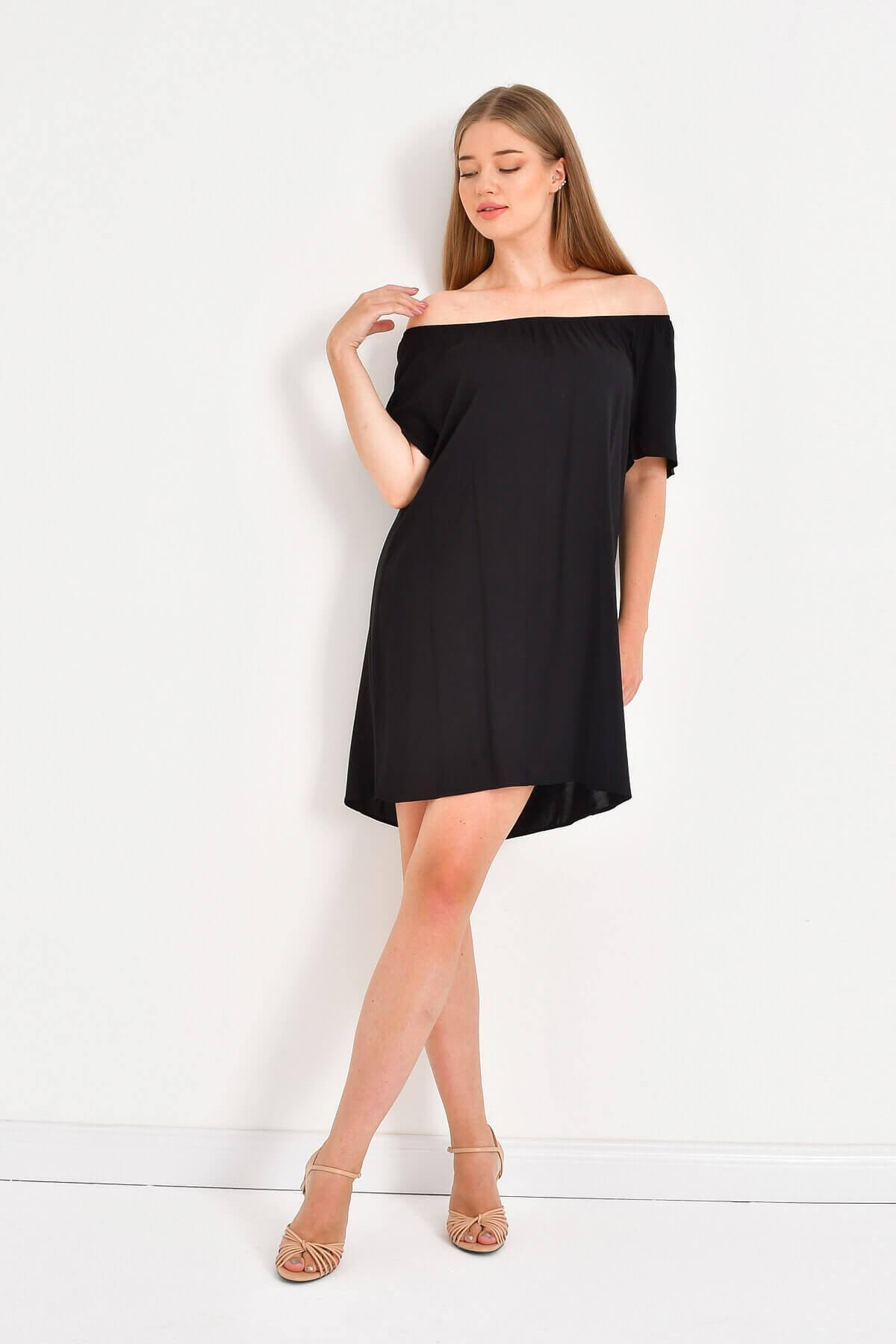 Myline-Düşük Omuzlu Büzgü Detaylı Elbise-Büyük Beden Günlük Elbiseler-23742