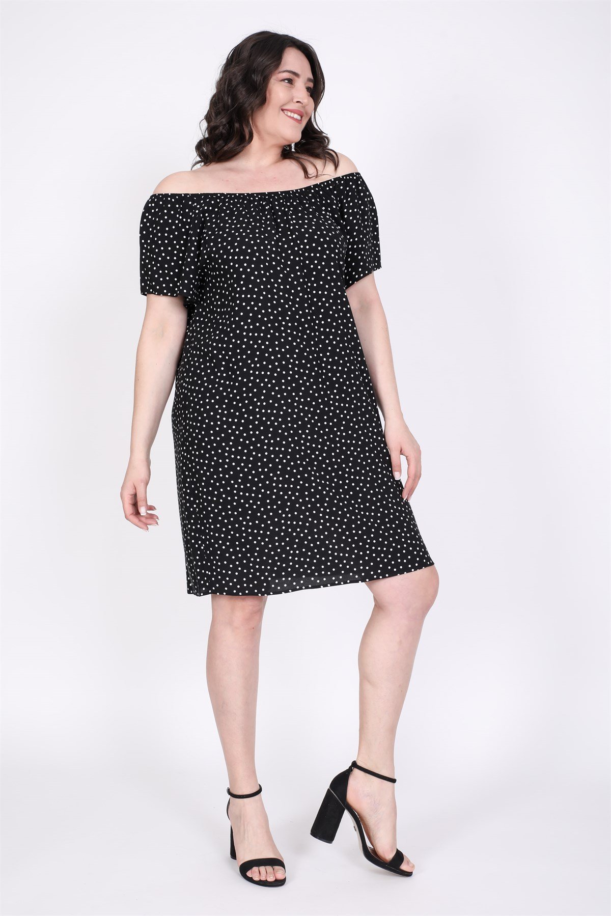 Myline-Düşük Omuzlu Büzgü Detaylı Elbise-Büyük Beden Günlük Elbiseler-45541