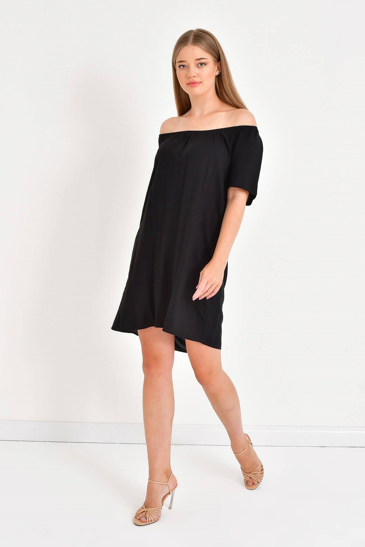 Myline-Düşük Omuzlu Büzgü Detaylı Elbise-Büyük Beden Günlük Elbiseler-23742