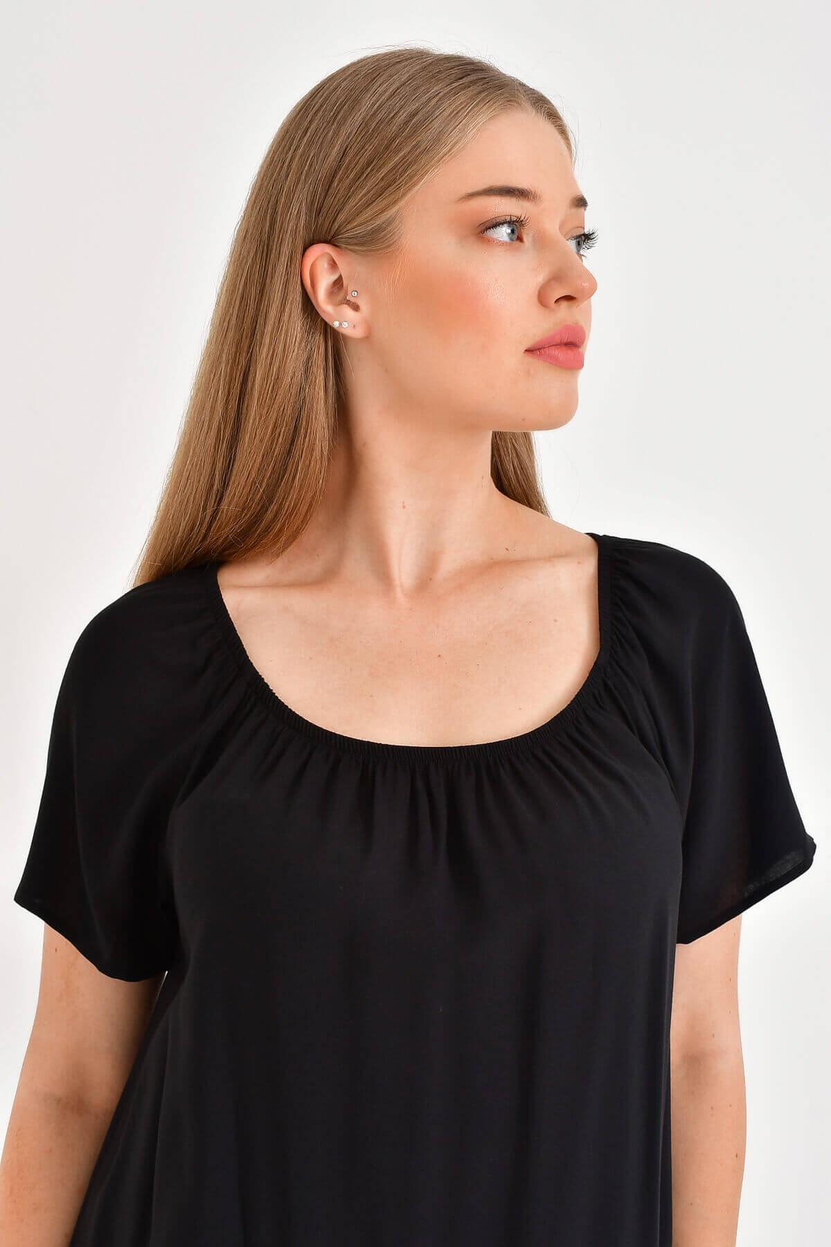 Myline-Düşük Omuzlu Büzgü Detaylı Elbise-Büyük Beden Günlük Elbiseler-23742