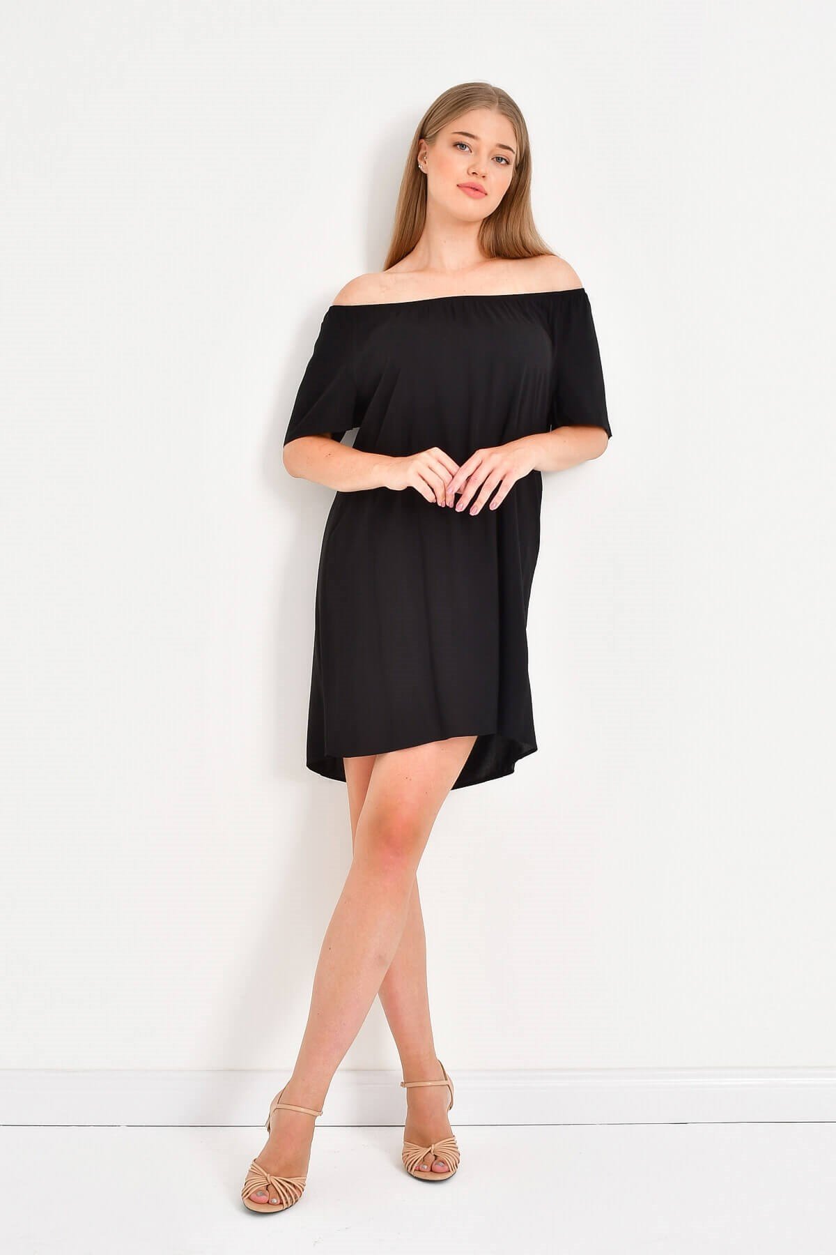 Myline-Düşük Omuzlu Büzgü Detaylı Elbise-Büyük Beden Günlük Elbiseler-23742