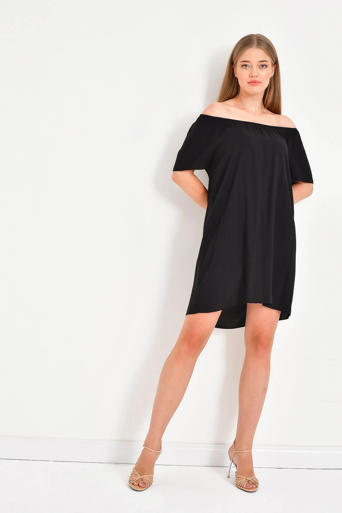 Myline-Düşük Omuzlu Büzgü Detaylı Elbise-Büyük Beden Günlük Elbiseler-23742