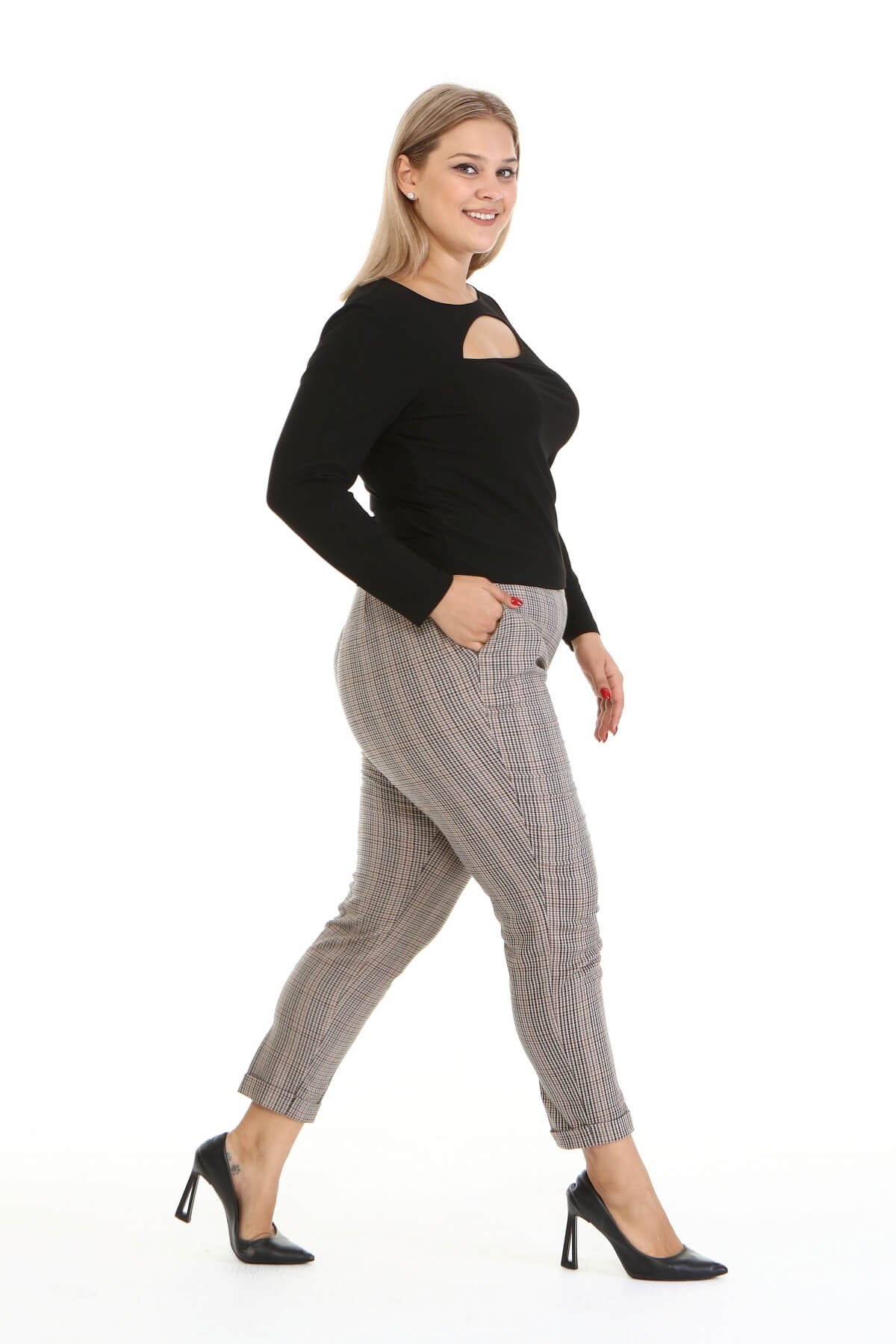 Myline-Ekose Arka Beli Lastikli Pantolon-Büyük Beden Pantolon-66899