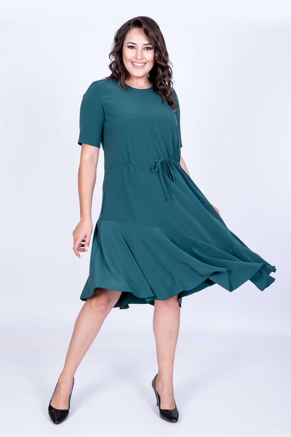 Myline-Eteği Asimetrik Volanlı Elbise-Büyük Beden Günlük Elbiseler-35055