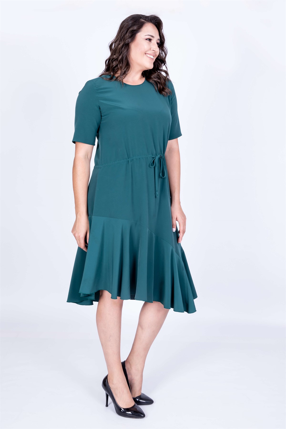 Myline-Eteği Asimetrik Volanlı Elbise-Büyük Beden Günlük Elbiseler-35055