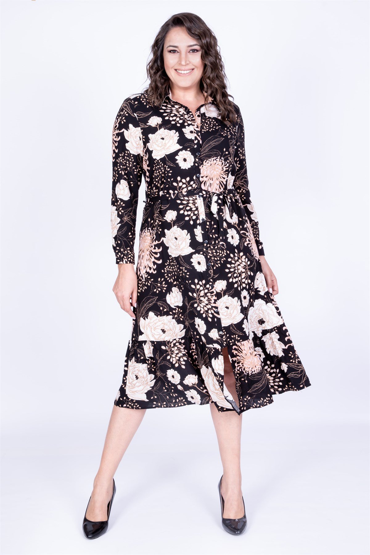 MYLINE-Eteği Fırfırlı Gömlek Elbise-Büyük Beden Günlük Elbiseler-35136