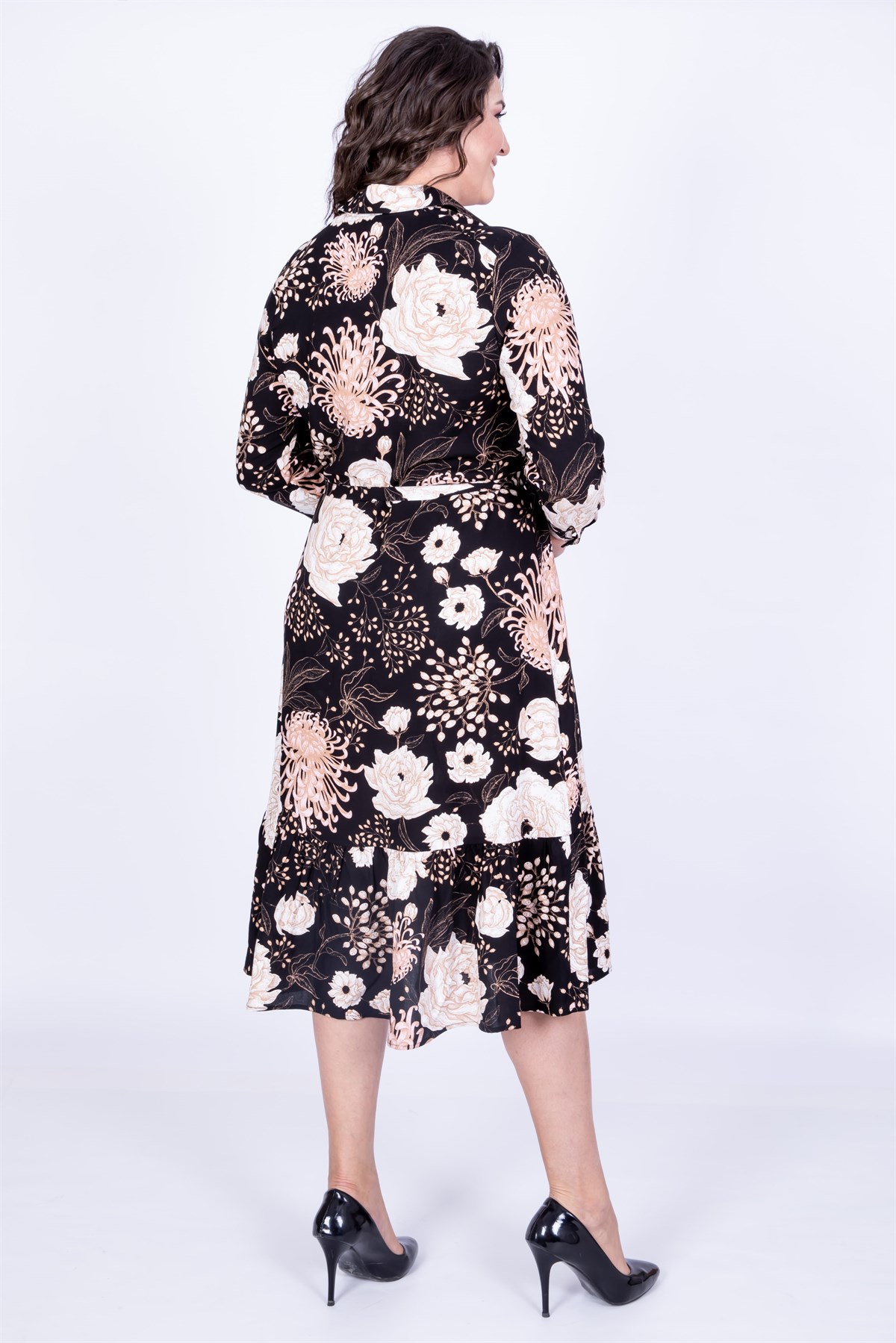 MYLINE-Eteği Fırfırlı Gömlek Elbise-Büyük Beden Günlük Elbiseler-35136