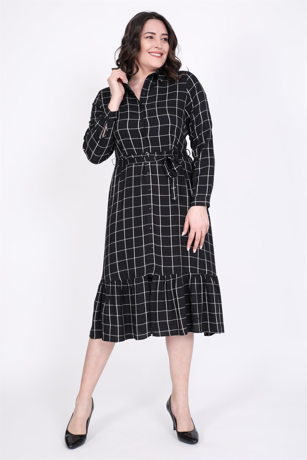 Myline-Eteği Fırfırlı Gömlek Elbise-Büyük Beden Günlük Elbiseler-35308