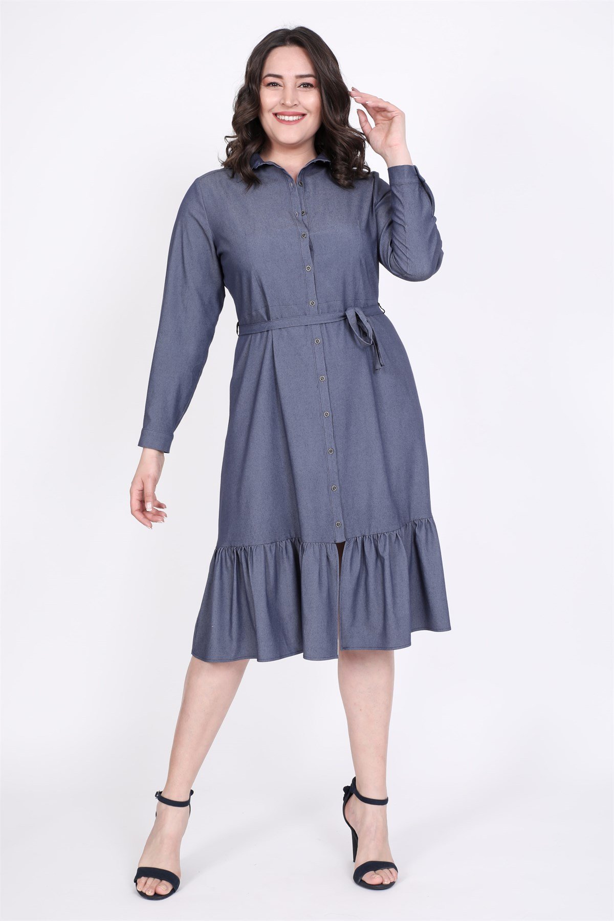 Myline-Eteği Fırfırlı Gömlek Elbise-Büyük Beden Günlük Elbiseler-35307