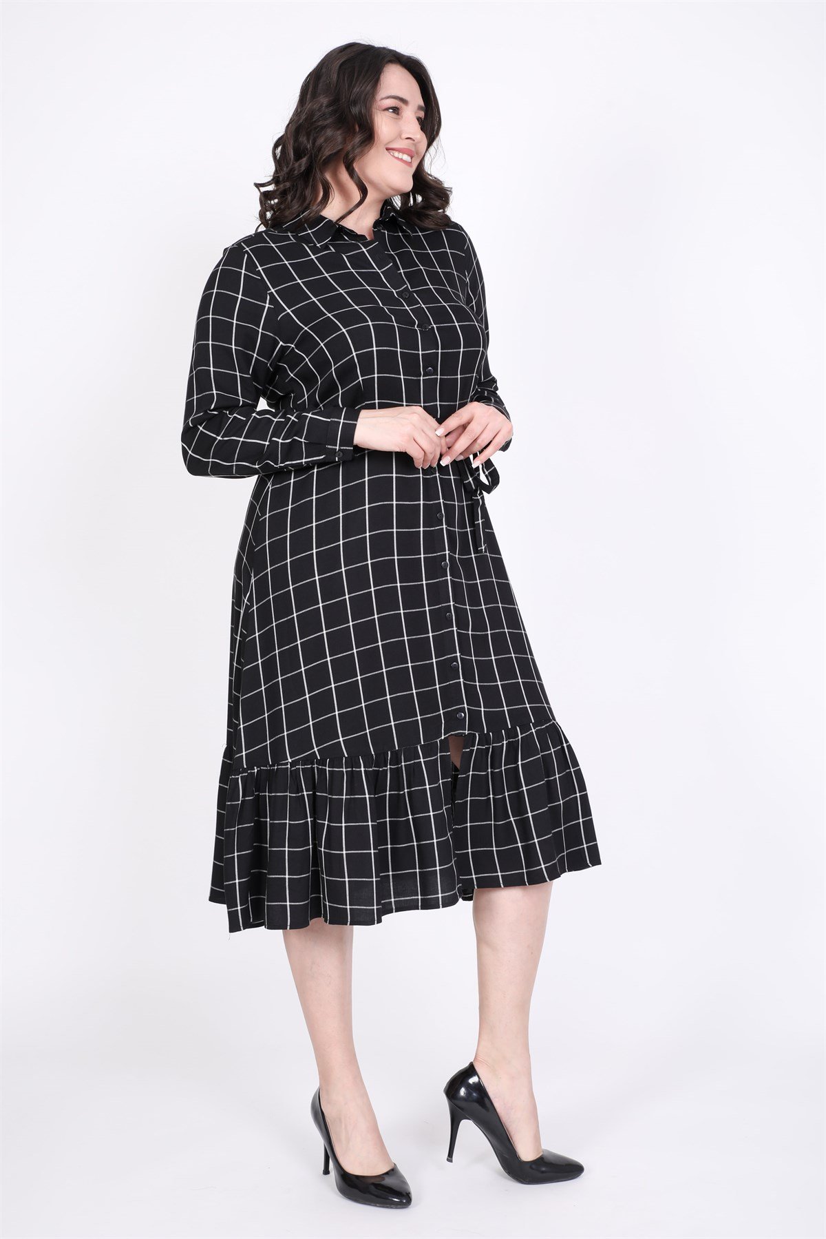 Myline-Eteği Fırfırlı Gömlek Elbise-Büyük Beden Günlük Elbiseler-35308