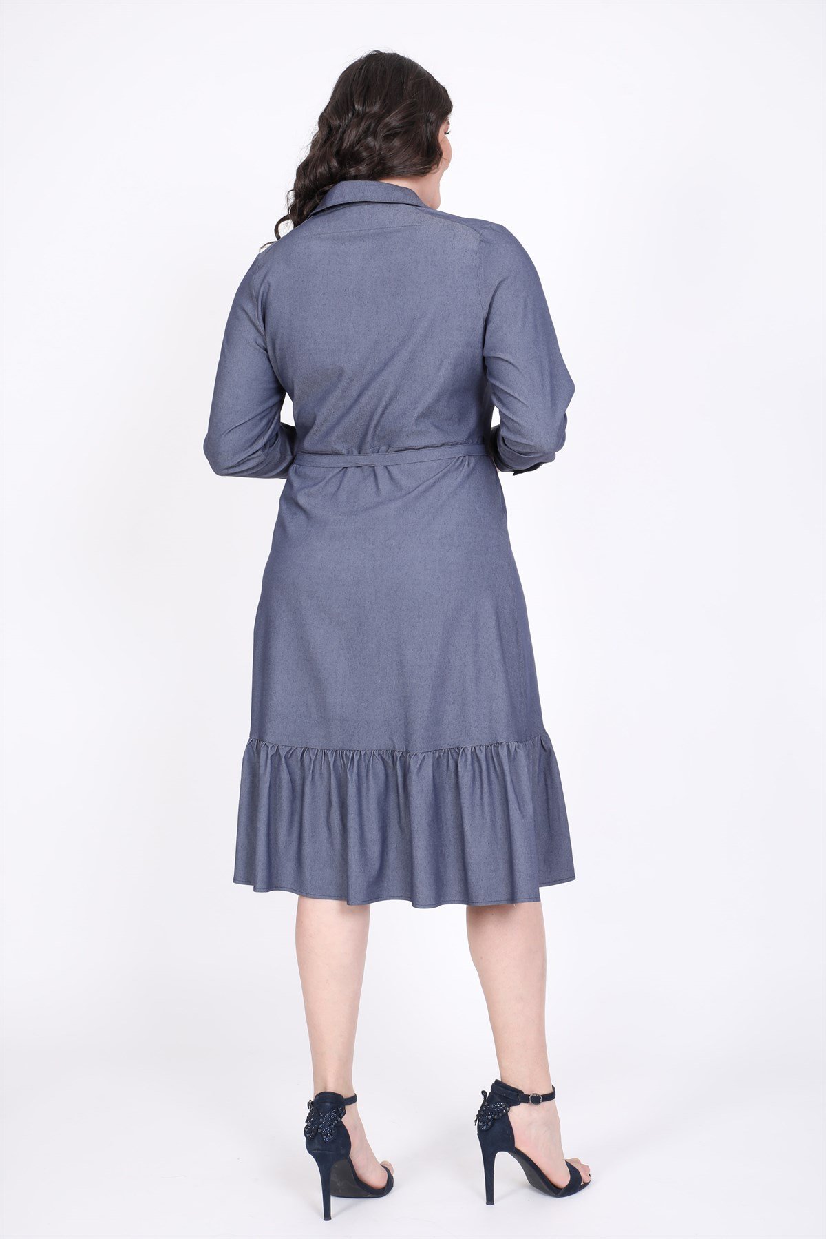 Myline-Eteği Fırfırlı Gömlek Elbise-Büyük Beden Günlük Elbiseler-35307