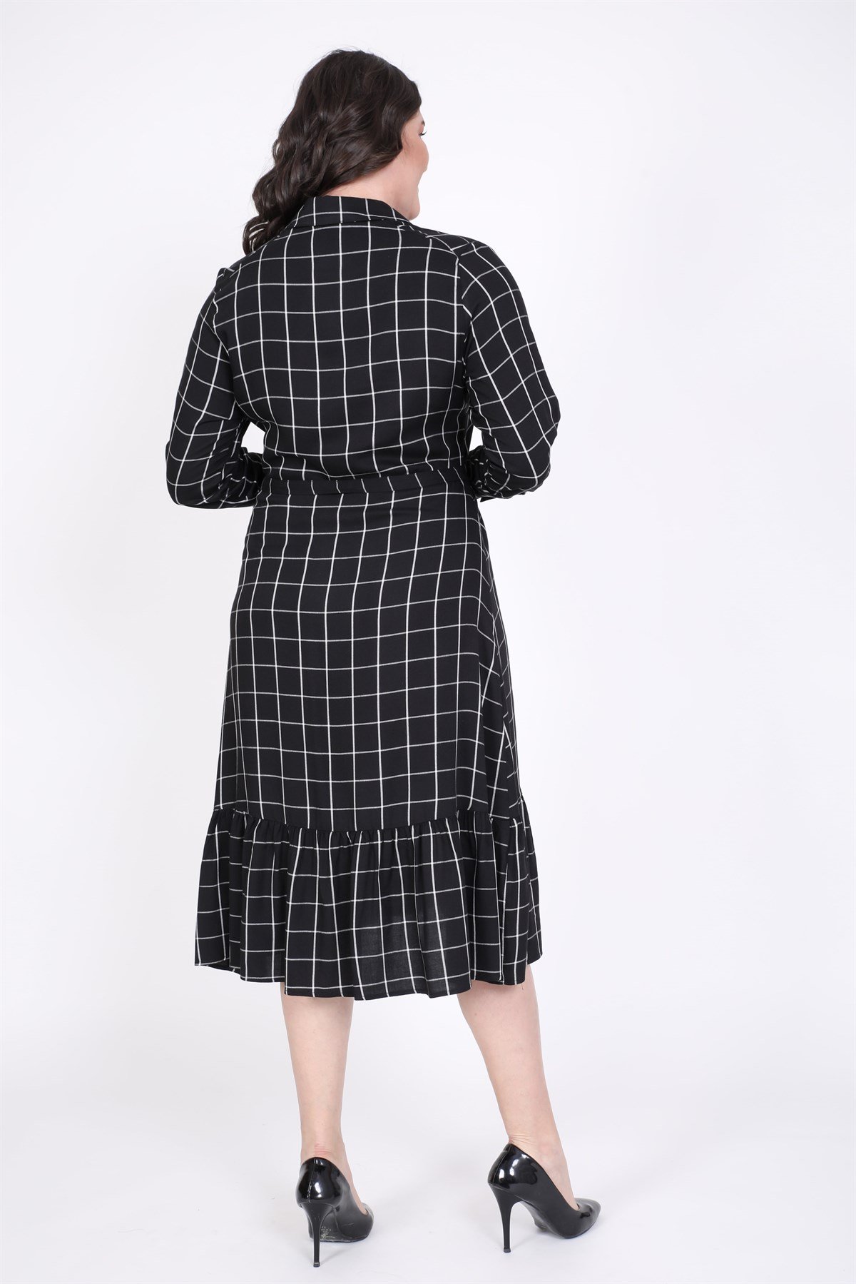 Myline-Eteği Fırfırlı Gömlek Elbise-Büyük Beden Günlük Elbiseler-35308