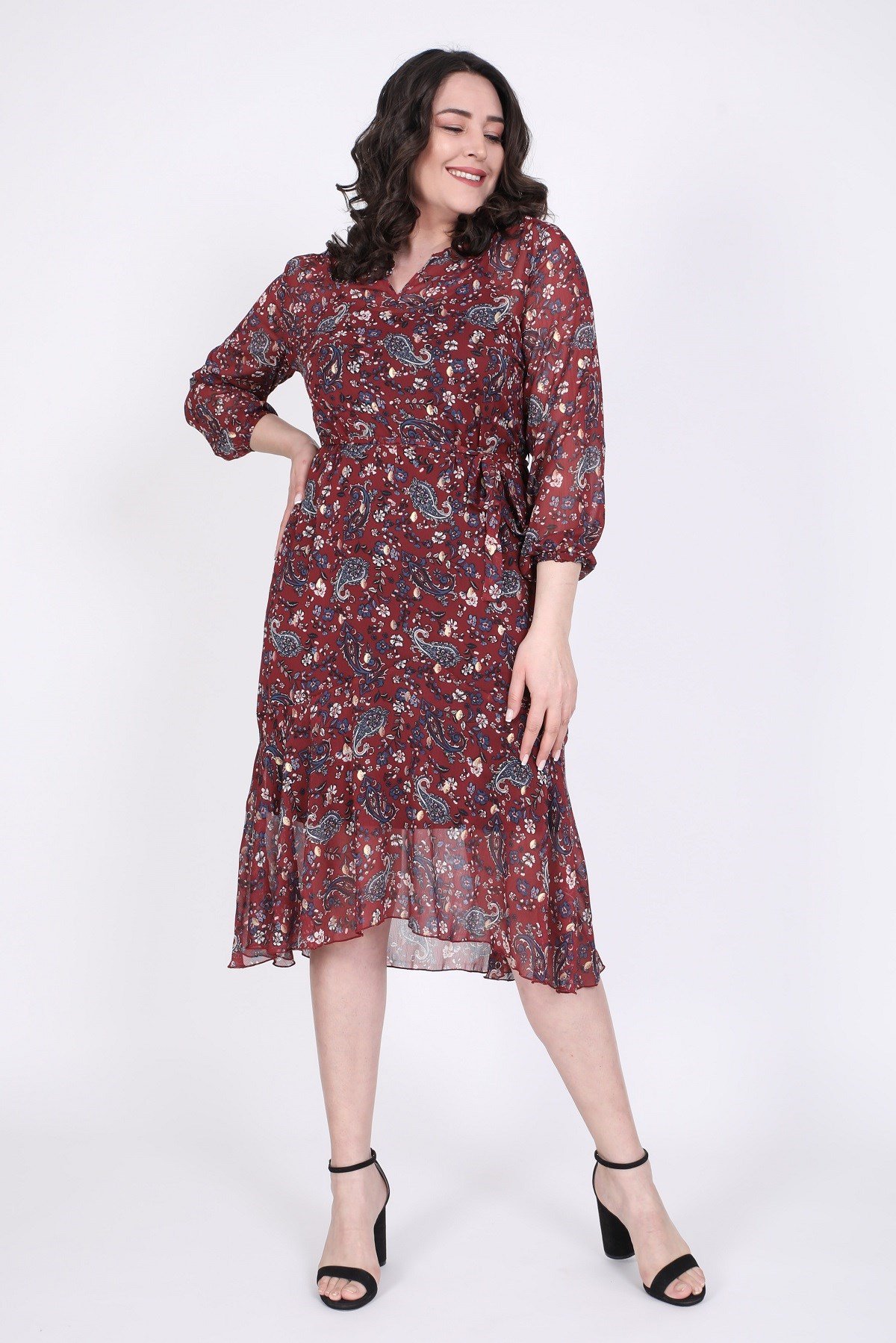 Myline-Eteği Volanlı Şifon Elbise-Büyük Beden Günlük Elbiseler-35263