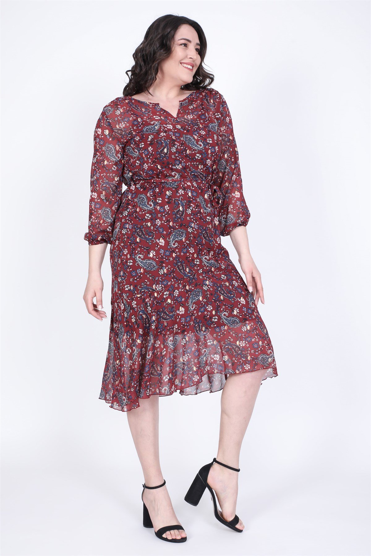 Myline-Eteği Volanlı Şifon Elbise-Büyük Beden Günlük Elbiseler-35263