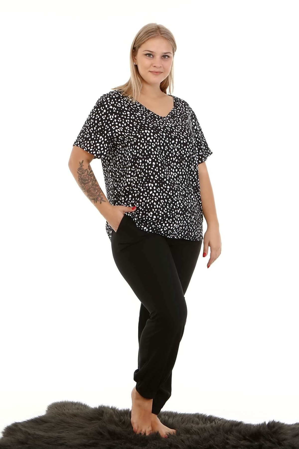 Myline-Ev Rahatlığı Paçası Lastikli Pijama Takımı -Büyük Beden Ev Giyim-66900