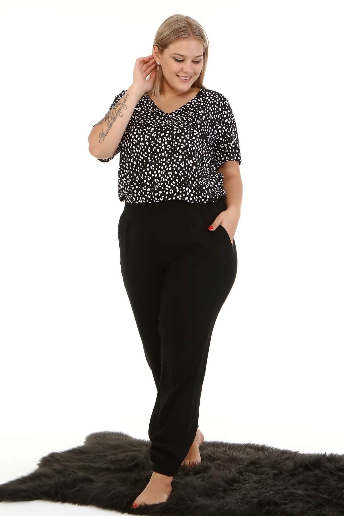 Myline-Ev Rahatlığı Paçası Lastikli Pijama Takımı -Büyük Beden Ev Giyim-66900