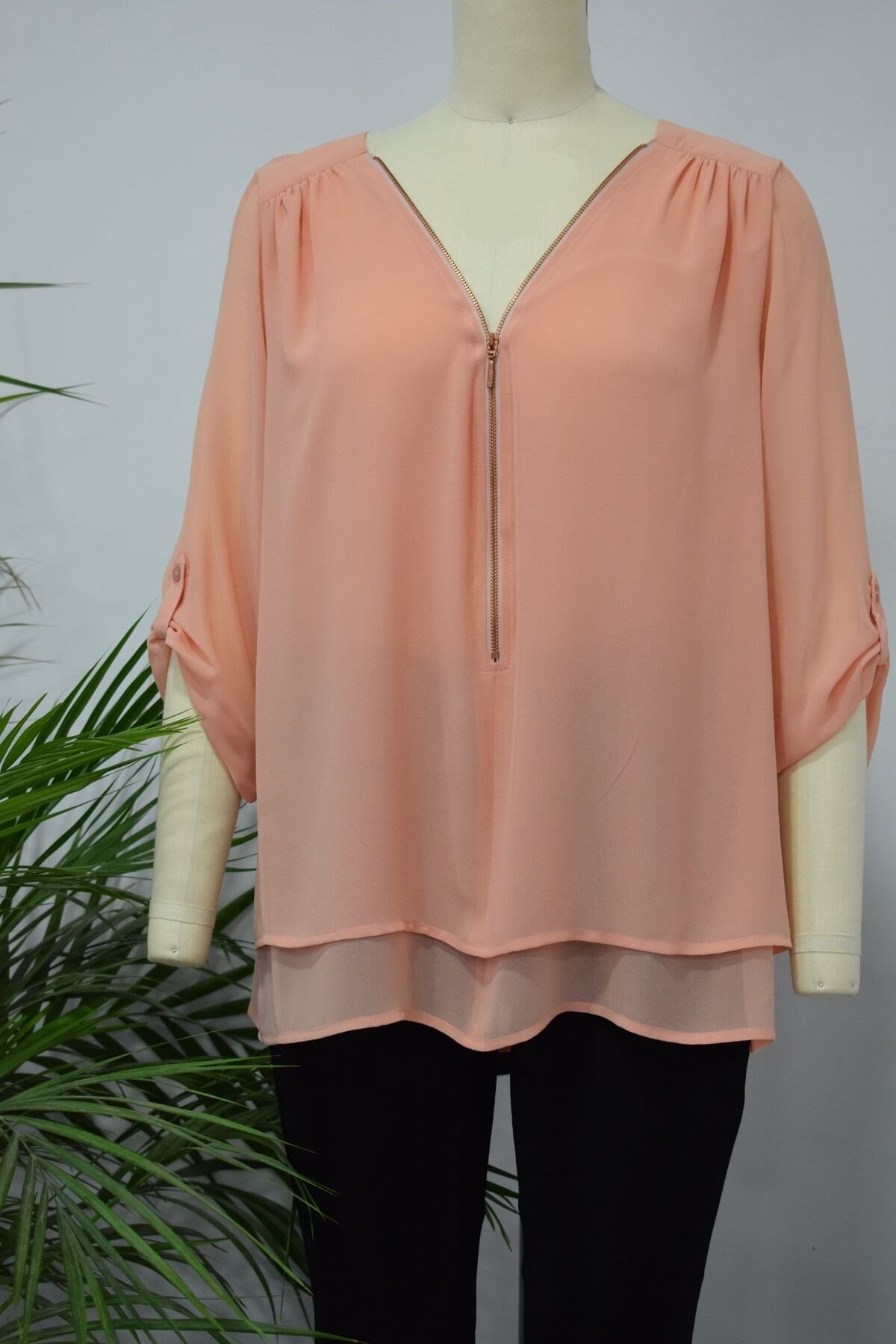 Myline-Fermuar Detaylı V Yaka Şifon Bluz-Büyük Beden Outlet-56164