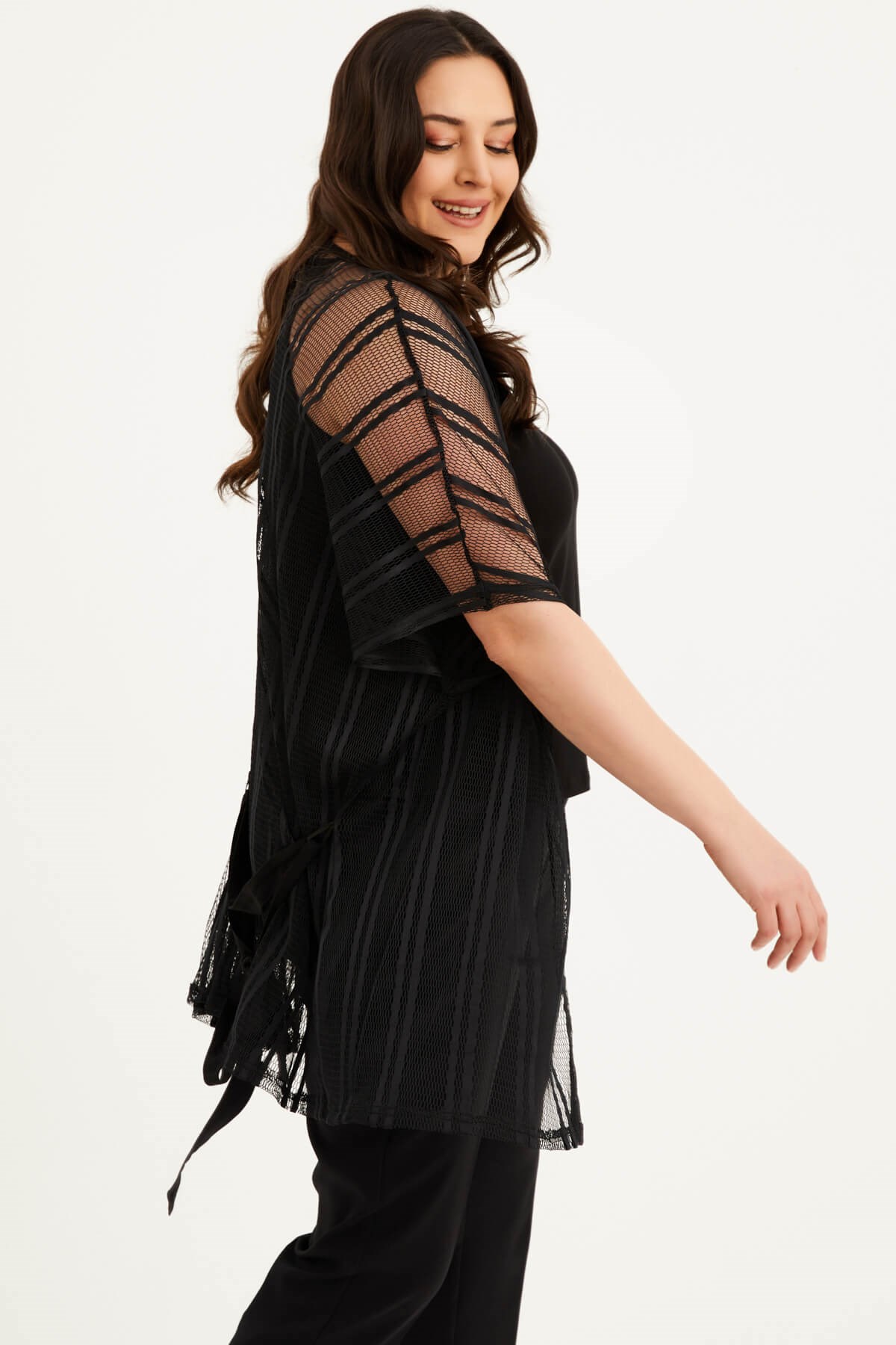 Myline-File Detaylı Kuşaklı Kimono-Büyük Beden Hırka-77290