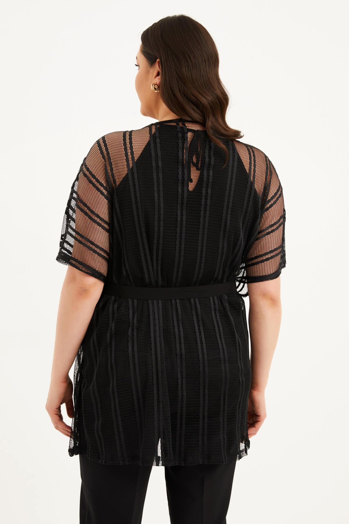 Myline-File Detaylı Kuşaklı Kimono-Büyük Beden Hırka-77290