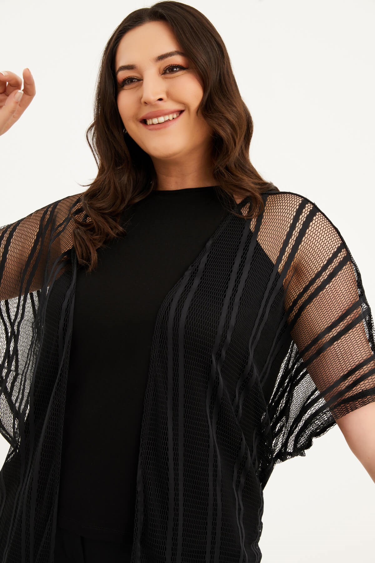 Myline-File Detaylı Kuşaklı Kimono-Büyük Beden Hırka-77290