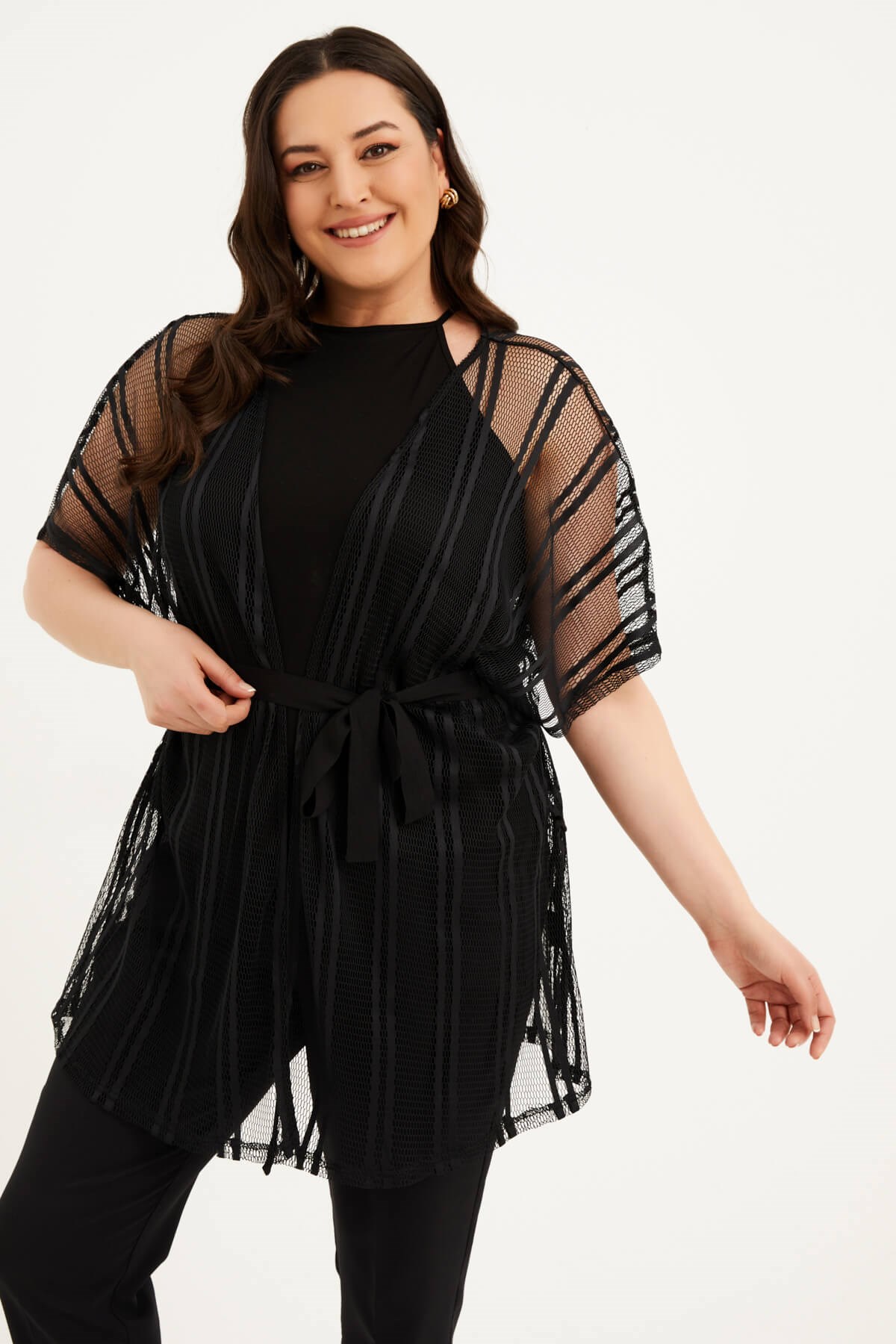 Myline-File Detaylı Kuşaklı Kimono-Büyük Beden Hırka-77290