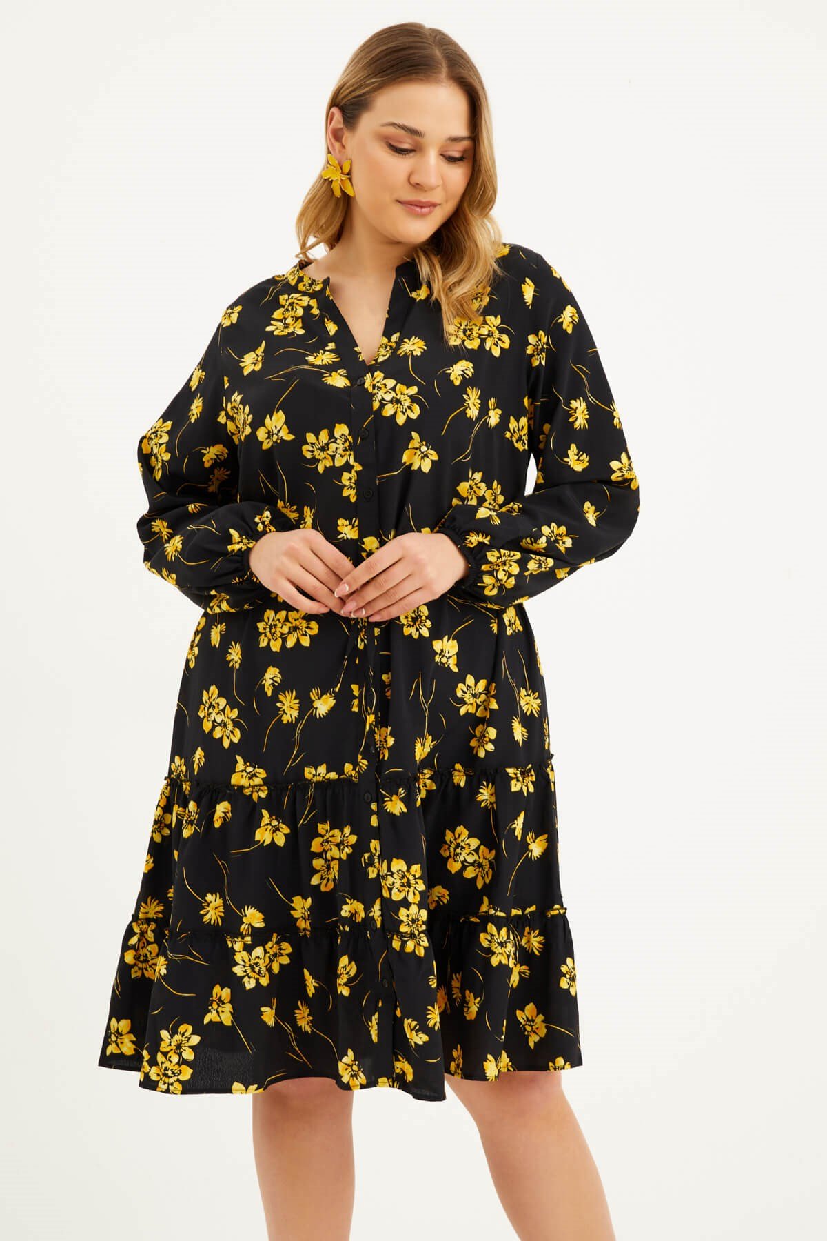 Myline-Fırfır Detaylı Kuşaklı Elbise-Büyük Beden Günlük Elbiseler-45997