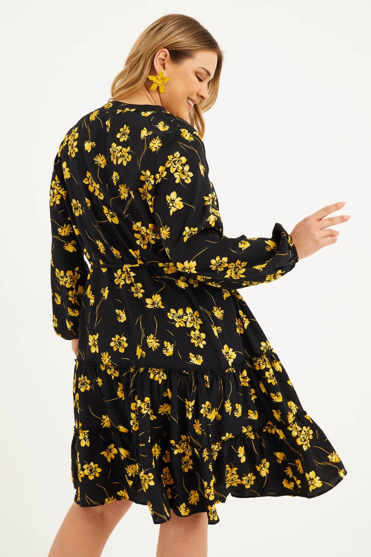 Myline-Fırfır Detaylı Kuşaklı Elbise-Büyük Beden Günlük Elbiseler-45997