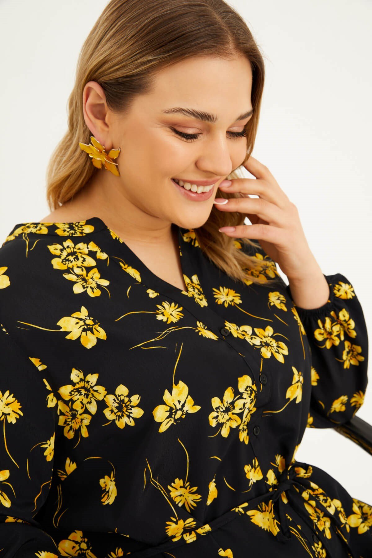 Myline-Fırfır Detaylı Kuşaklı Elbise-Büyük Beden Günlük Elbiseler-45997