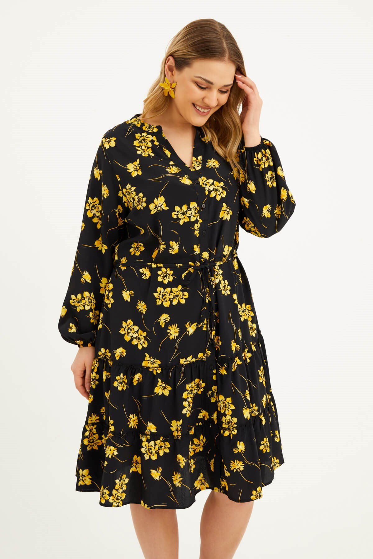 Myline-Fırfır Detaylı Kuşaklı Elbise-Büyük Beden Günlük Elbiseler-45997