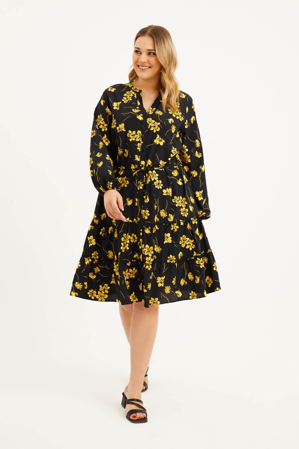 Myline-Fırfır Detaylı Kuşaklı Elbise-Büyük Beden Günlük Elbiseler-45997