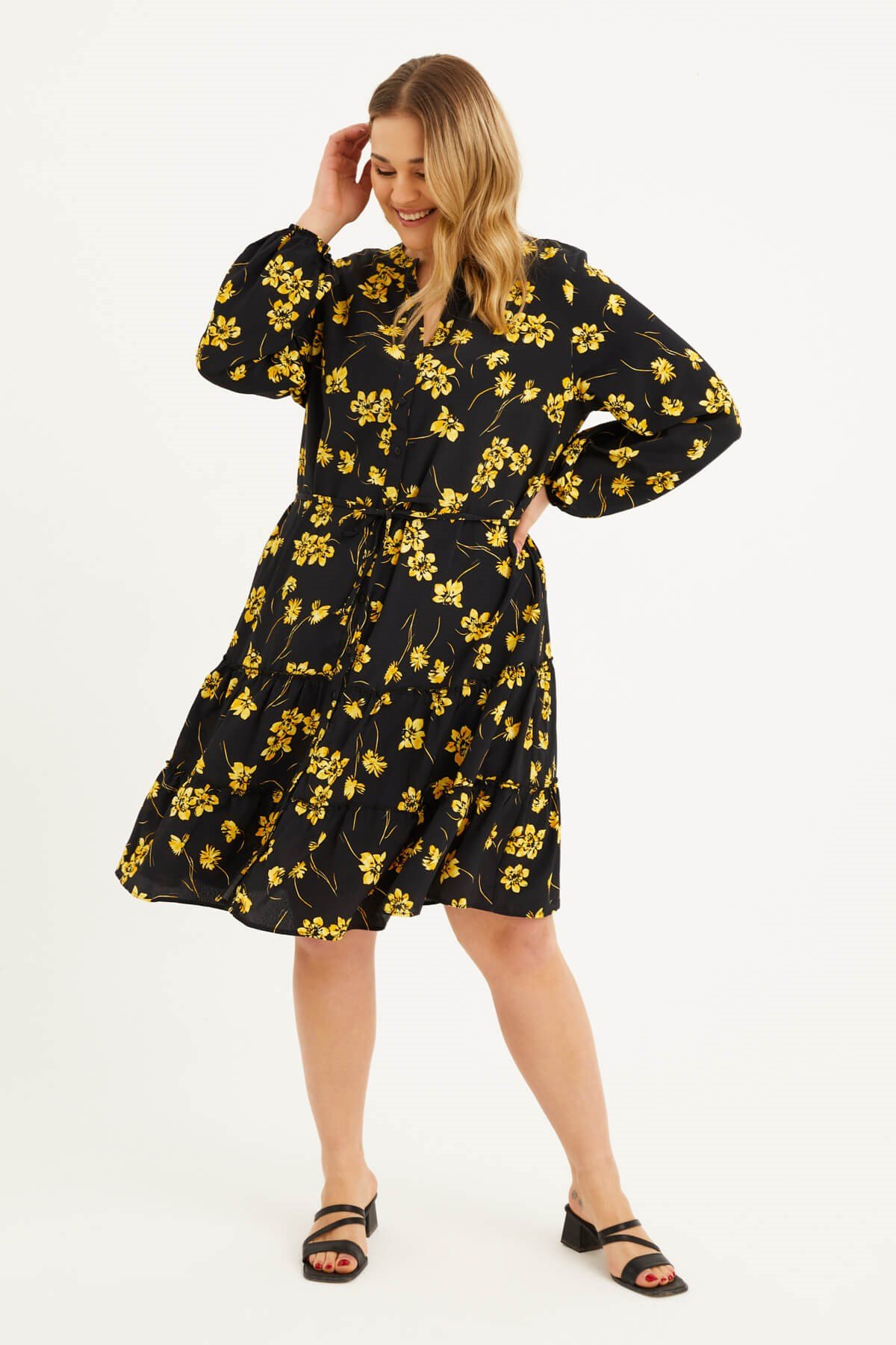 Myline-Fırfır Detaylı Kuşaklı Elbise-Büyük Beden Günlük Elbiseler-45997