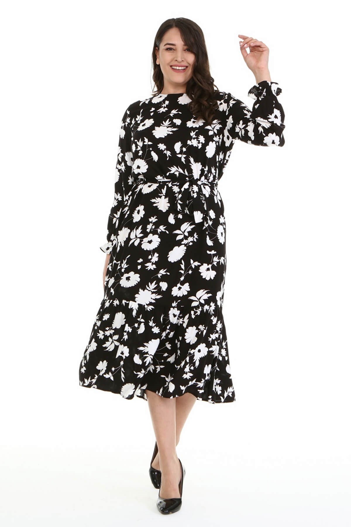 Myline-Fırfır Detaylı Kuşaklı Uzun Elbise-Büyük Beden Günlük Elbiseler-67038