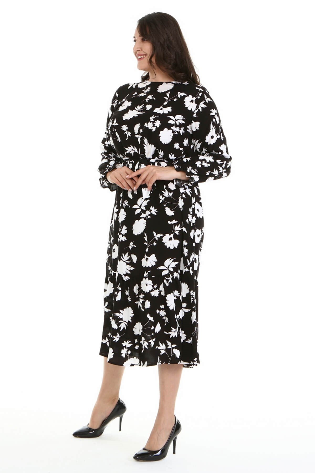 Myline-Fırfır Detaylı Kuşaklı Uzun Elbise-Büyük Beden Günlük Elbiseler-67038