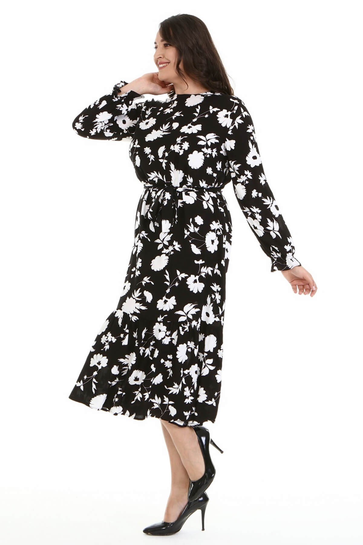 Myline-Fırfır Detaylı Kuşaklı Uzun Elbise-Büyük Beden Günlük Elbiseler-67038