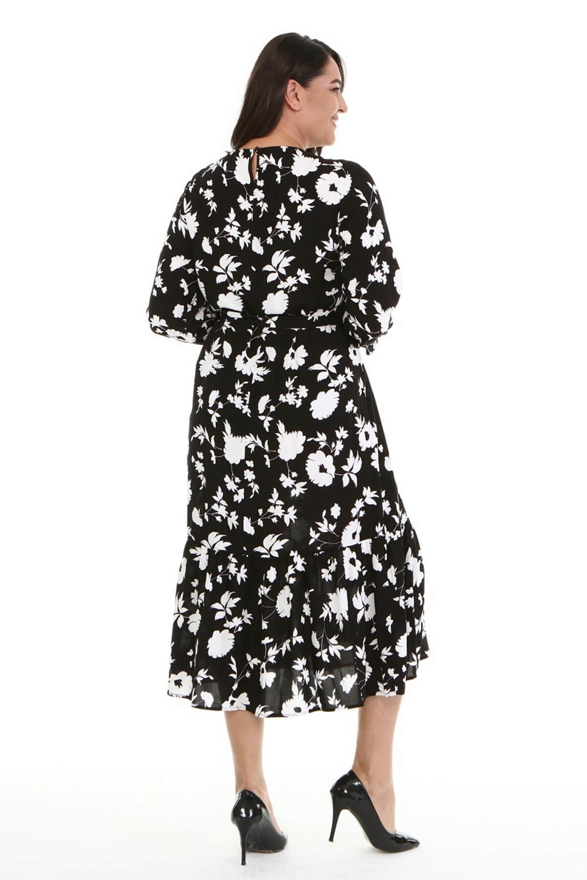 Myline-Fırfır Detaylı Kuşaklı Uzun Elbise-Büyük Beden Günlük Elbiseler-67038