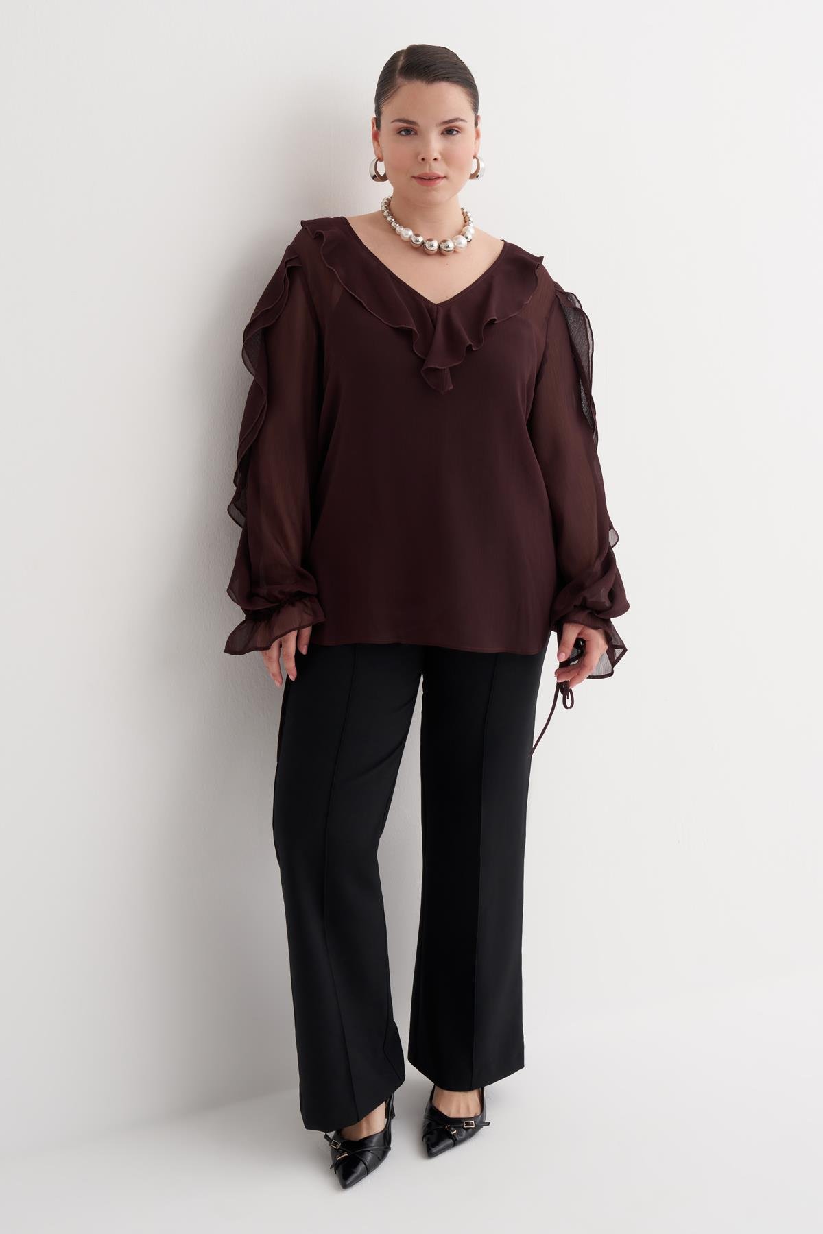 Myline-Fırfır Detaylı Şifon Bluz-Büyük Beden Bluz-149949