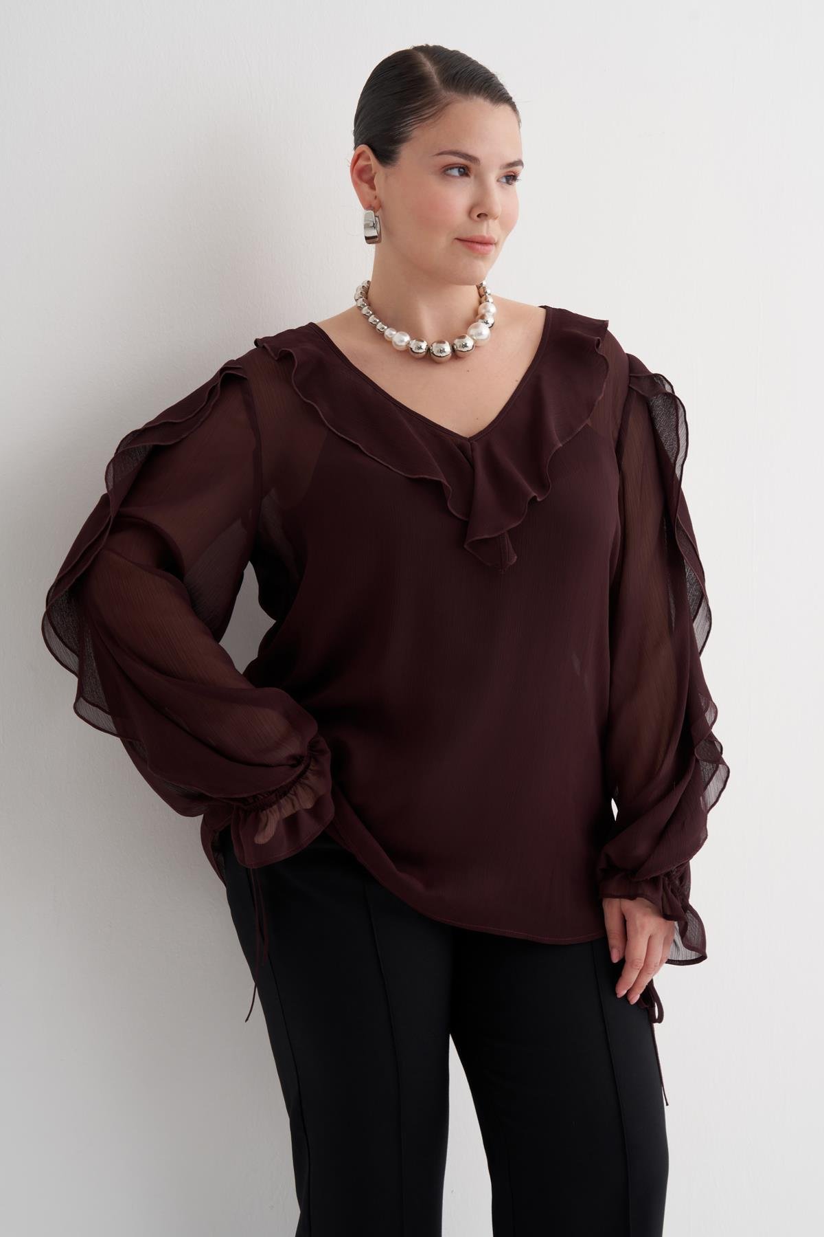 Myline-Fırfır Detaylı Şifon Bluz-Büyük Beden Bluz-149949