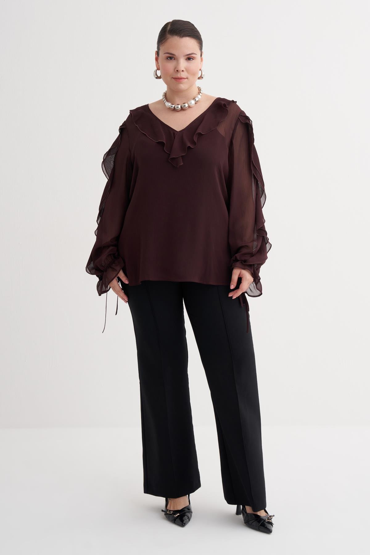 Myline-Fırfır Detaylı Şifon Bluz-Büyük Beden Bluz-149949